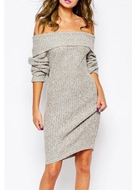 Off-The-Shoulder Long Sleeves Knee Length Sweater Dress on Luulla
